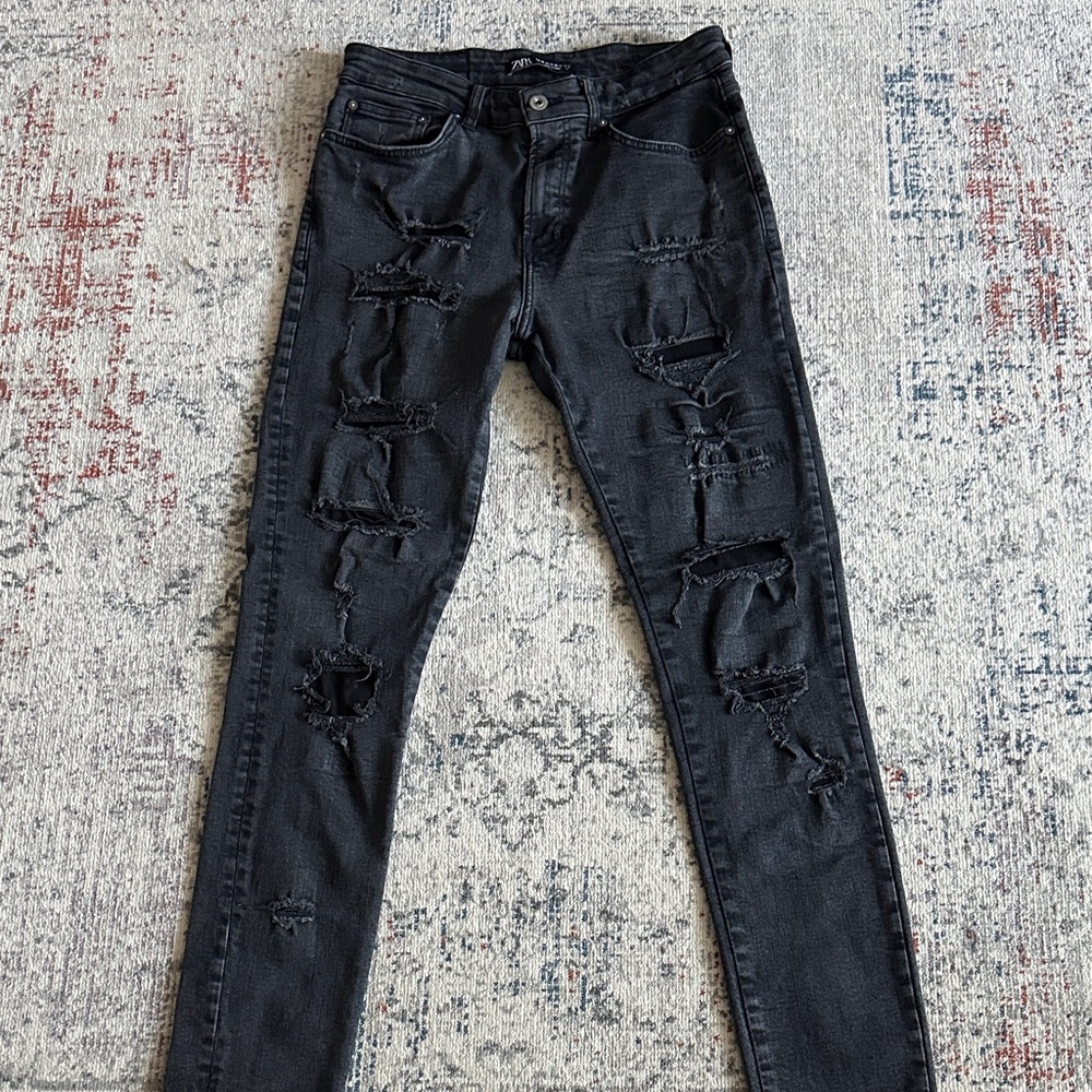 Zara Black Distressed Slim Straight Jeans